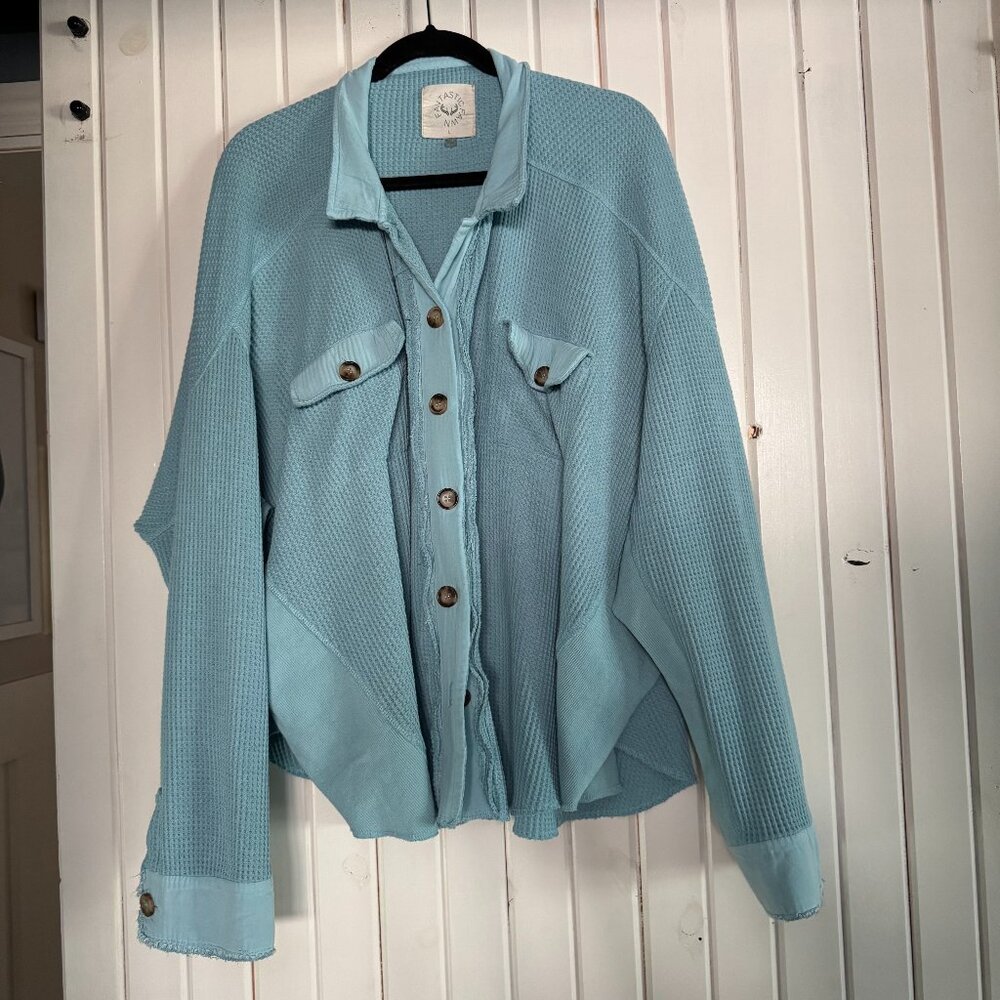 Dressed in LALA Light Blue Waffle Knit Jacket - Picture 4 of 6